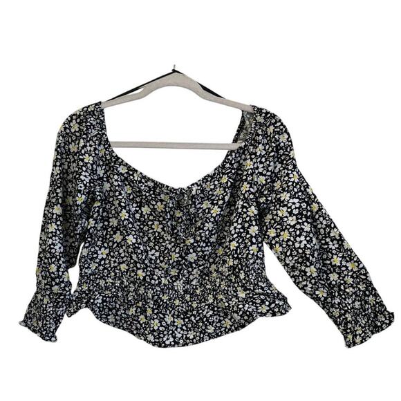 Jun & Ivy Womens L Black/Yellow Floral Print Smock Waist Blouse Fairy/Gypsy - Picture 1 of 8